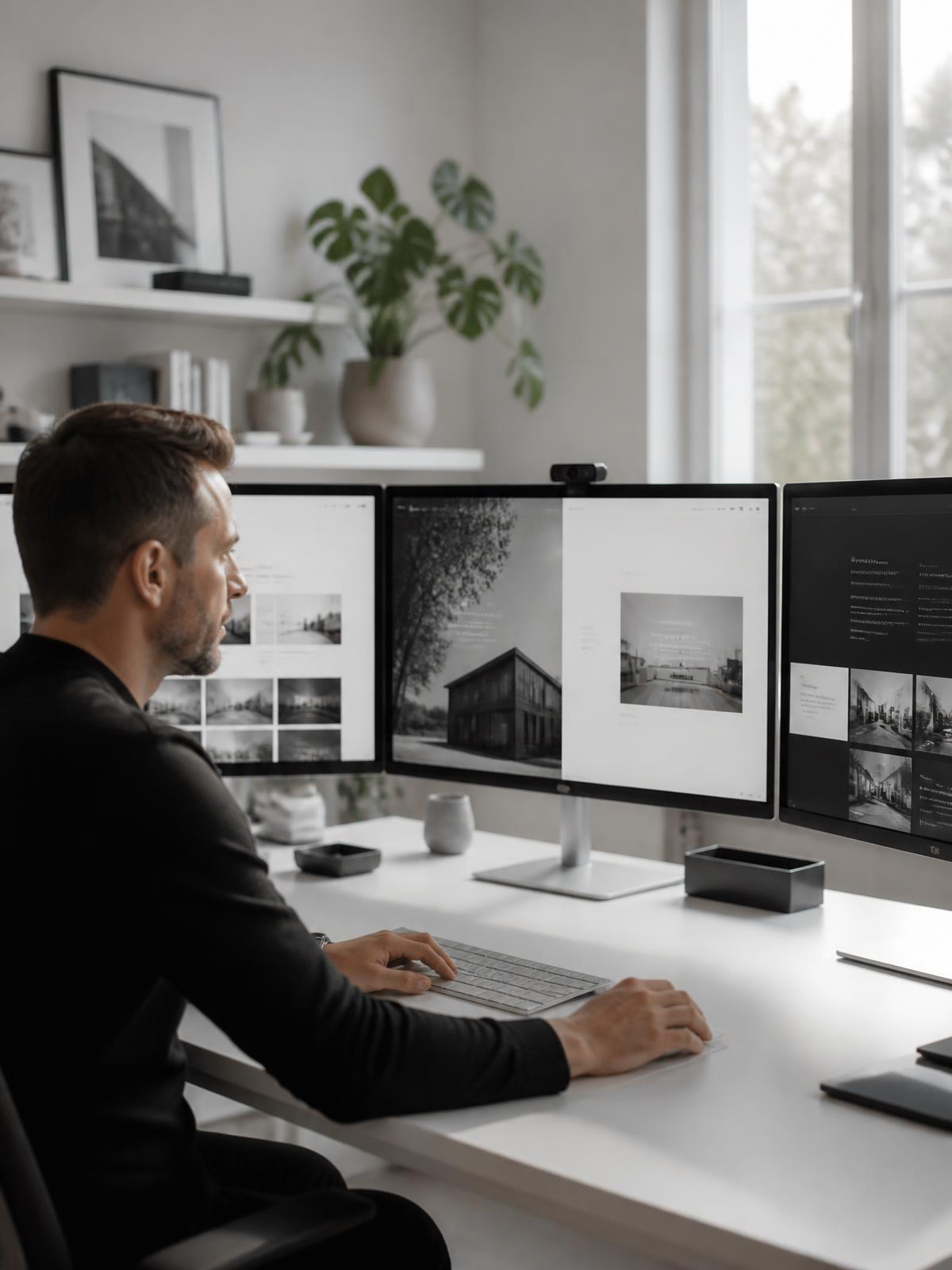 Webdesignerin an einem modernen Multi-Monitor-Arbeitsplatz in einem hellen Schweizer Studio